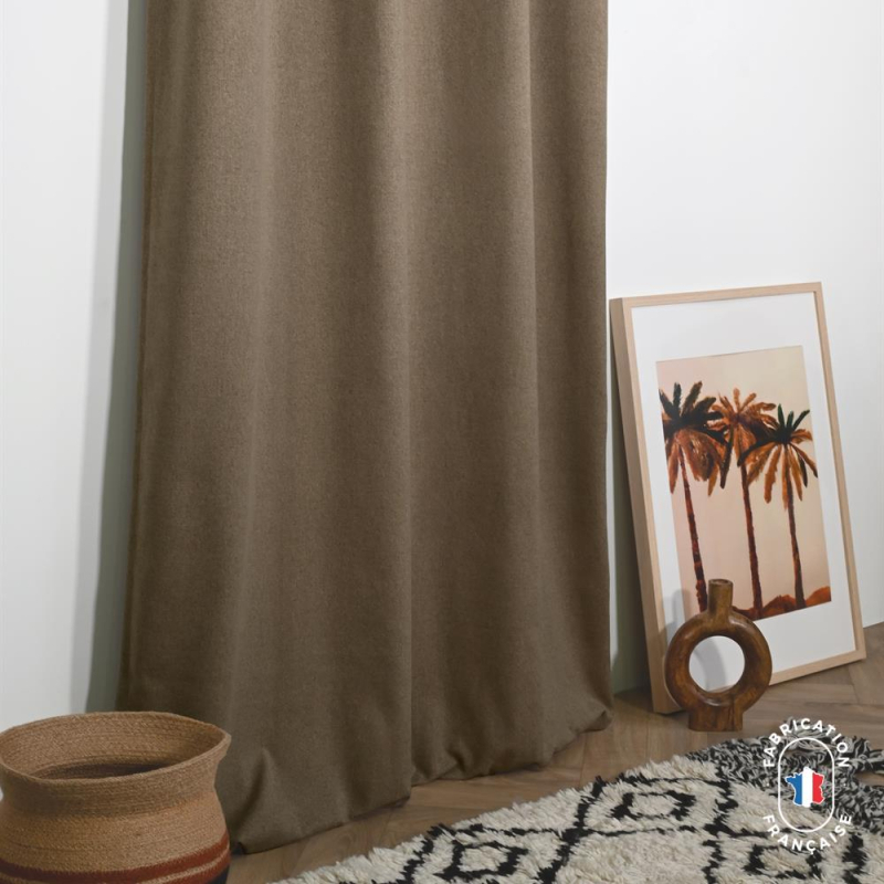 Rideau à oeillets tamisant en tissu HORACE effet laine Col. Taupe Rideau à oeillets tamisant en tissu HORACE effet laine Col. Taupe